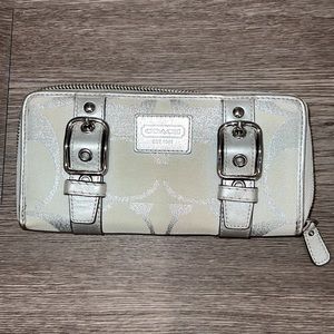 COACH Cream Fabric/Leather Silver Leather Trim Long Wallet